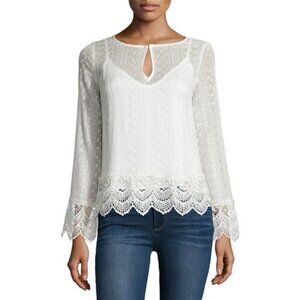 Ella Moss Designer Medium Silk Ivory Lace Crepe Scalloped Boho Long Sleeve Top